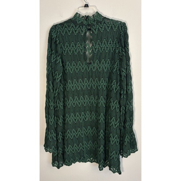 FREE PEOPLE Simone Mock Neck Lace Dress Women Med Green Bell Long Sleeve BOHO - Picture 4 of 11